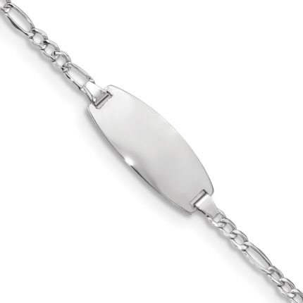14k White Gold Polished Semi-Solid Chain/Solid Plate Figaro Link Oval 18.5x8.5mm Plate 7 inch ID Bracelet