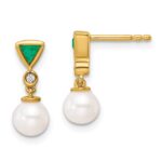 14K White Round Freshwater Cultured Pearl/.02 carat Diamond/Trillion Emerald Dangle Post Earrings