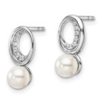 14K White Gold Polished 1/20 carat Diamond and White Freshwater Cultured Pearl Drop Post Earrings - Image 2