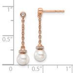 14K Rose Gold Polished 1/10 carat Diamond and White Freshwater Cultured Pearl Chain Dangle Post Earrings - Image 3