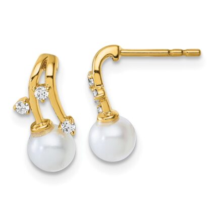 14K Polished 1/10 carat Diamond and White Freshwater Cultured Pearl Drop Post Earrings