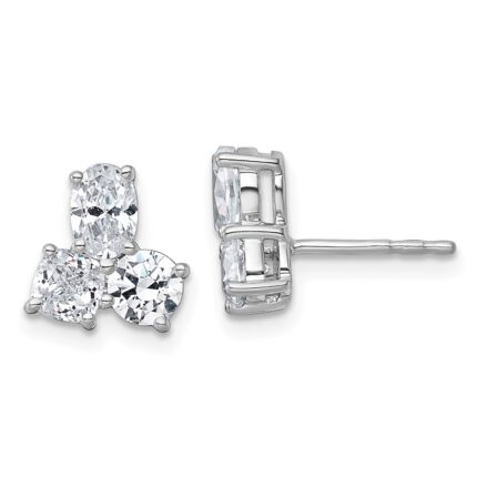 14k White Gold 1 7/8 carat Lab Grown Diamond VS+ F+ Complete Cushion Round and Oval Three Stone Post Earrings