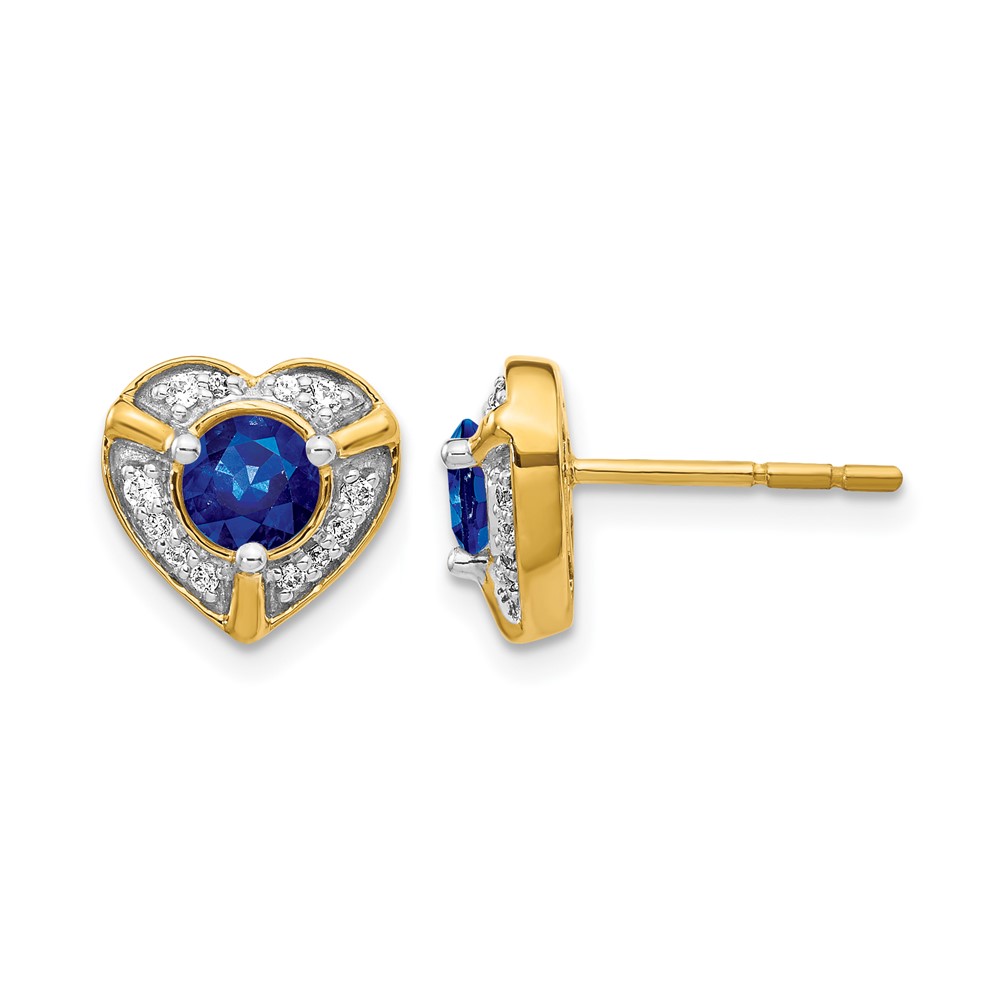 EM3921-SA-014-YA.jpg 14k 4.5mm Round Sapphire and Diamond Halo Fancy Heart Post Earrings - Image 1