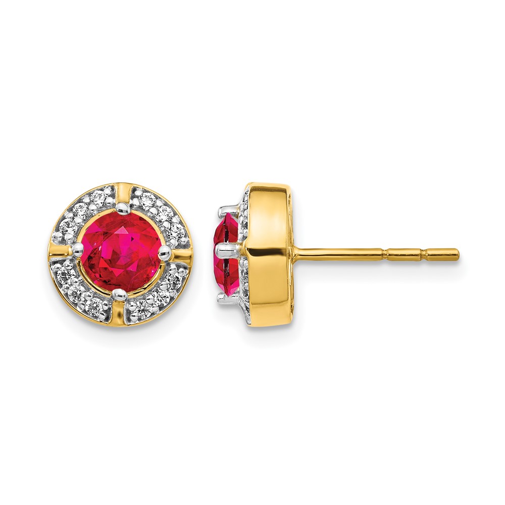 EM3922-RU-019-YA.jpg 14k 5.2mm Round Ruby and Diamond Halo Post Earrings - Image 1