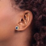 14k 5.2mm Round Sapphire and Diamond Fancy Square Post Earrings - Image 3
