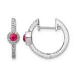 14k White Gold 2.7mm Round Ruby Cabochon and Diamond Hinged Hoop Earrings