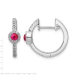 14k White Gold 2.7mm Round Ruby Cabochon and Diamond Hinged Hoop Earrings - Image 4