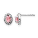 14k White Gold 5x3mm Oval Pink Tourmaline Cabochon and Diamond Halo Post Earrings