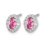 14k White Gold 5x3mm Oval Pink Tourmaline Cabochon and Diamond Halo Post Earrings - Image 2