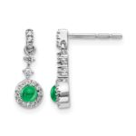 14k White Gold 3mm Round Emerald Cabochon and Diamond Halo Dangle Post Earrings