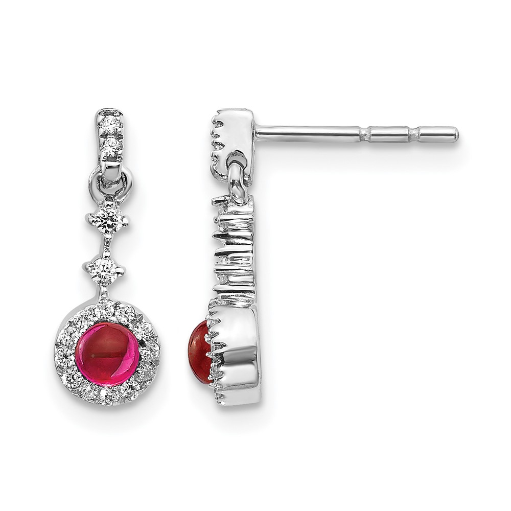 EM4037-RU-016-WA-1.jpg 14k White Gold 3mm Round Ruby Cabochon and Diamond Halo Dangle Post Earrings - Image 1