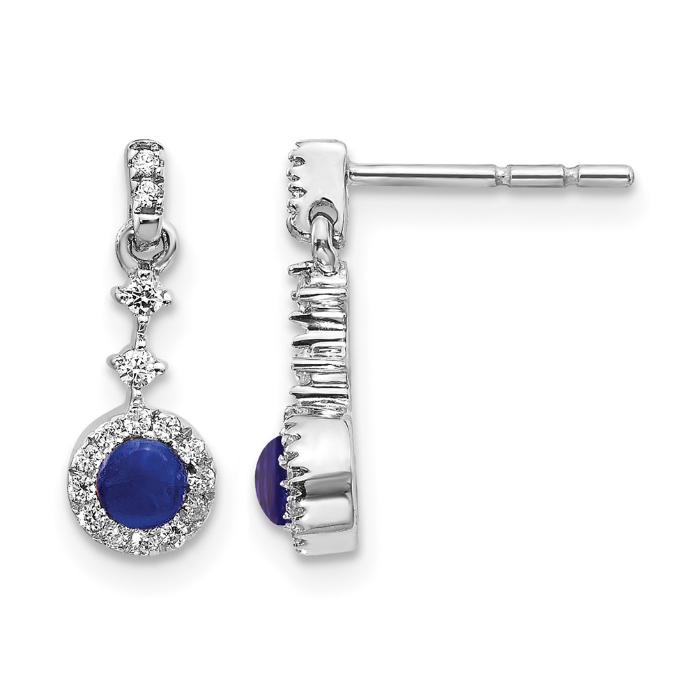 EM4037-SA-016-WA.jpg 14k White Gold 3mm Round Sapphire Cabochon and Diamond Halo Dangle Post Earrings - Image 1