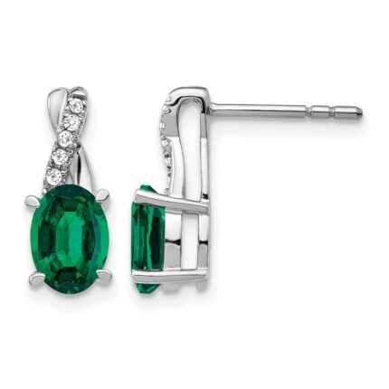 14k White Gold 7x5mm Oval Lab Created Emerald and Diamond Post Earrings