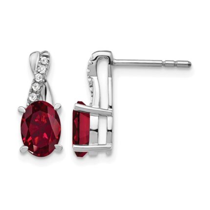 14k White Gold 7x5mm Oval Ruby and Diamond Post Earrings