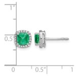 14k White Gold 5mm Cushion Emerald and Diamond Halo Post Earrings - Image 4