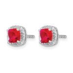 14k White Gold 5mm Cushion Ruby and Diamond Halo Post Earrings - Image 2