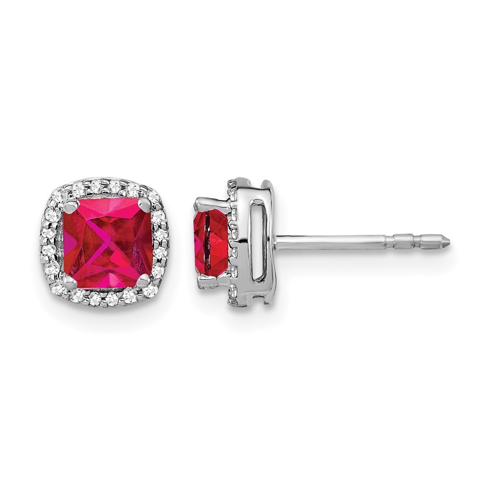 EM4241-RU-015-WA.jpg 14k White Gold 5mm Cushion Ruby and Diamond Halo Post Earrings - Image 1