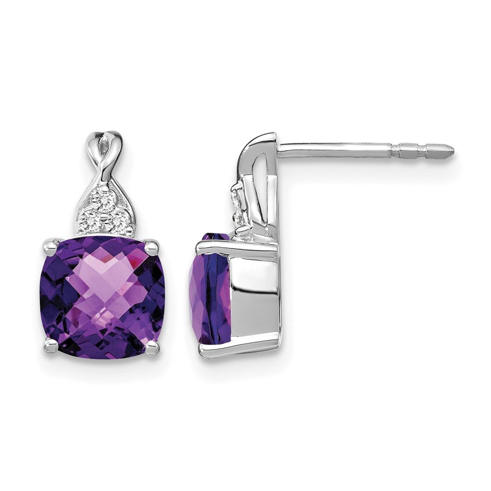 EM4393-AM-006-WA.jpg 14k White Gold 7mm Cushion Checkerboard February/Amethyst and Diamond Post Earrings - Image 1