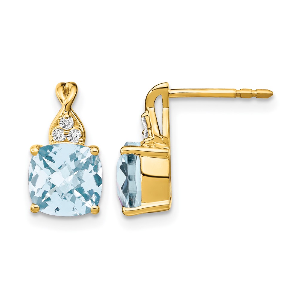 EM4393-AQ-006-YA.jpg 14k 7mm Cushion Checkerboard March/Aquamarine and Diamond Post Earrings - Image 1