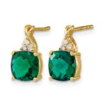 14k 7mm Cushion Checkerboard May/Lab Created Emerald and Diamond Post Earrings - Image 2