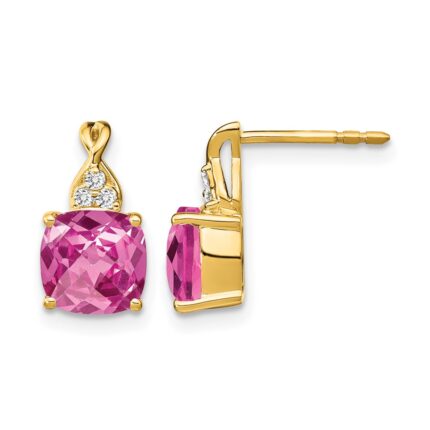 14k 7mm Cushion Checkerboard October/Lab Created Pink Sapphire and Diamond Post Earrings