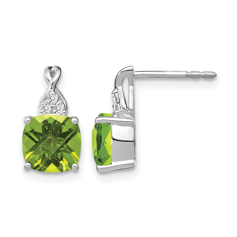EM4393-PE-006-WA.jpg 14k White Gold 7mm Cushion Checkerboard August/Peridot and Diamond Post Earrings - Image 1