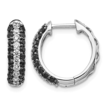 14k White Gold White and Black Diamond Hinged Hoop Earrings