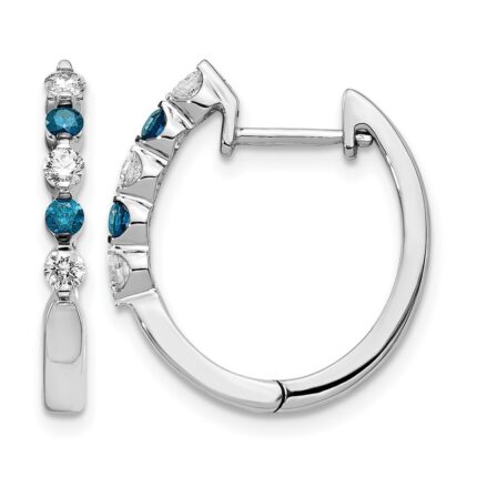 14k White Gold Blue/White Diamond Hinged Hoop Earrings