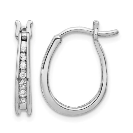 14k White Gold Diamond Oval Hinged Hoop Earrings