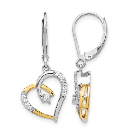 14k Yellow and White Gold Diamond Heart Leverback Earrings