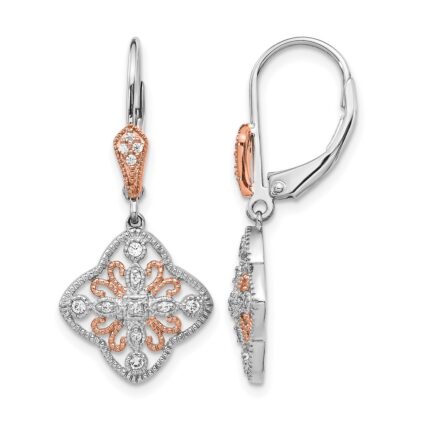 14k White Gold with Rose Rhodium 1/8 carat Diamond Leverback Earrings