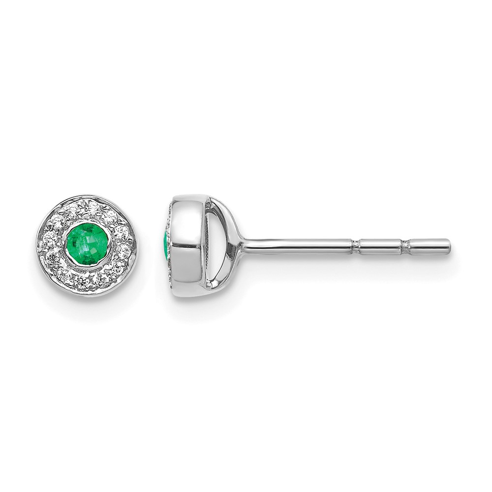 EM5586-EM-007-WA.jpg 14k White Gold Diamond and 2.3mm Round Emerald Halo Post Earrings - Image 1