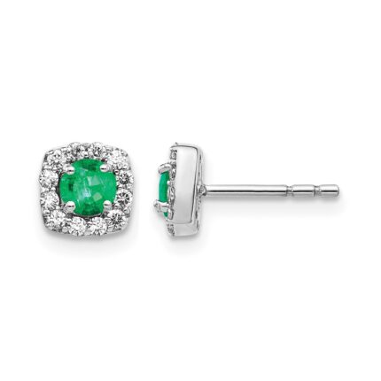 14k White Gold 3.7mm Round Emerald and Diamond Square Halo Post Earrings