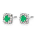 14k White Gold 1/5 carat Lab Grown Diamond VS/SI+ G+ and Created Emerald Complete Square Halo Post Earrings - Image 2