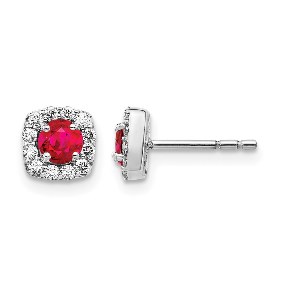 EM5589-RU-020-WA-1.jpg 14k White Gold 3.7mm Round Ruby and Diamond Square Halo Post Earrings - Image 1