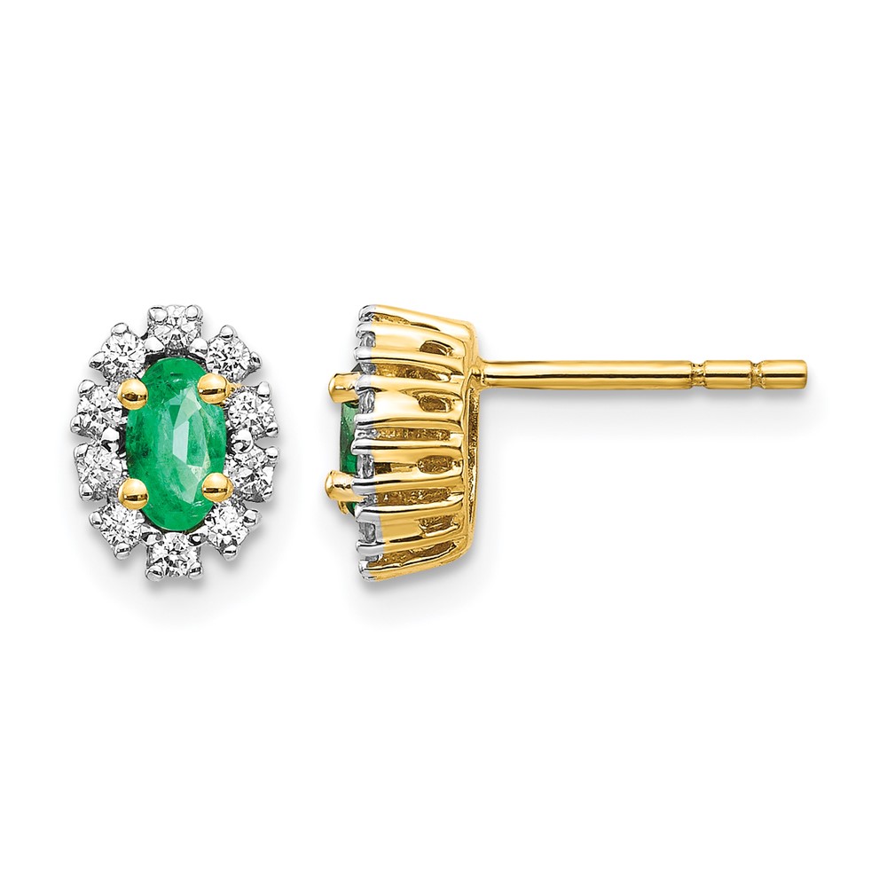 EM5591-EM-020-YA.jpg 14k 5x3mm Oval Emerald and Diamond Halo Post Earrings - Image 1