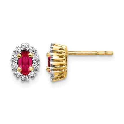 14k 1/5 carat Lab Grown Diamond VS/SI+ G+ and Oval Created Ruby Complete Halo Post Earrings