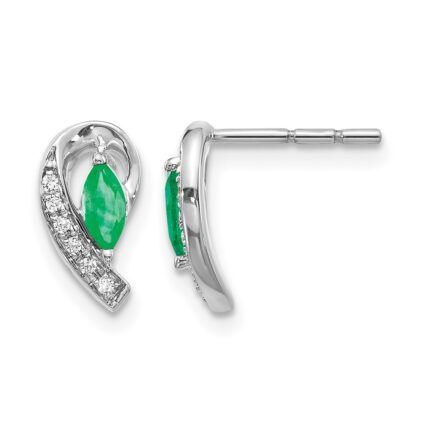 14k White Gold 5x2.5mm Marquise Emerald and Diamond Curved Post Earrings