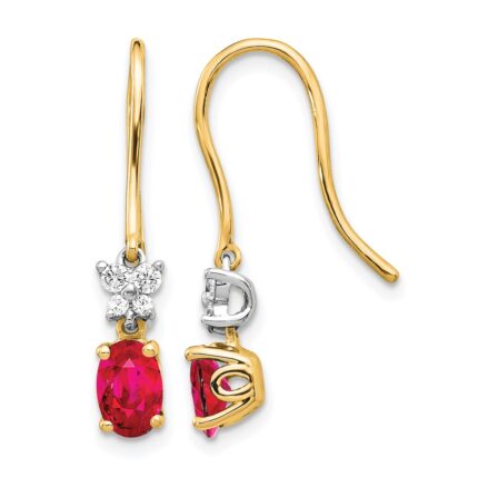 14k Two-Tone 6x4mm Oval Ruby and Diamond Shepherd Hook Earrings