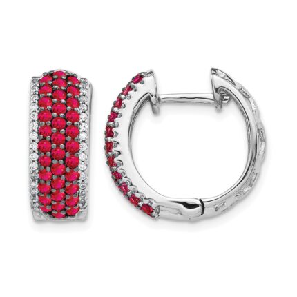 14k White Gold Diamond and Ruby 18mm Hinged Hoop Earrings