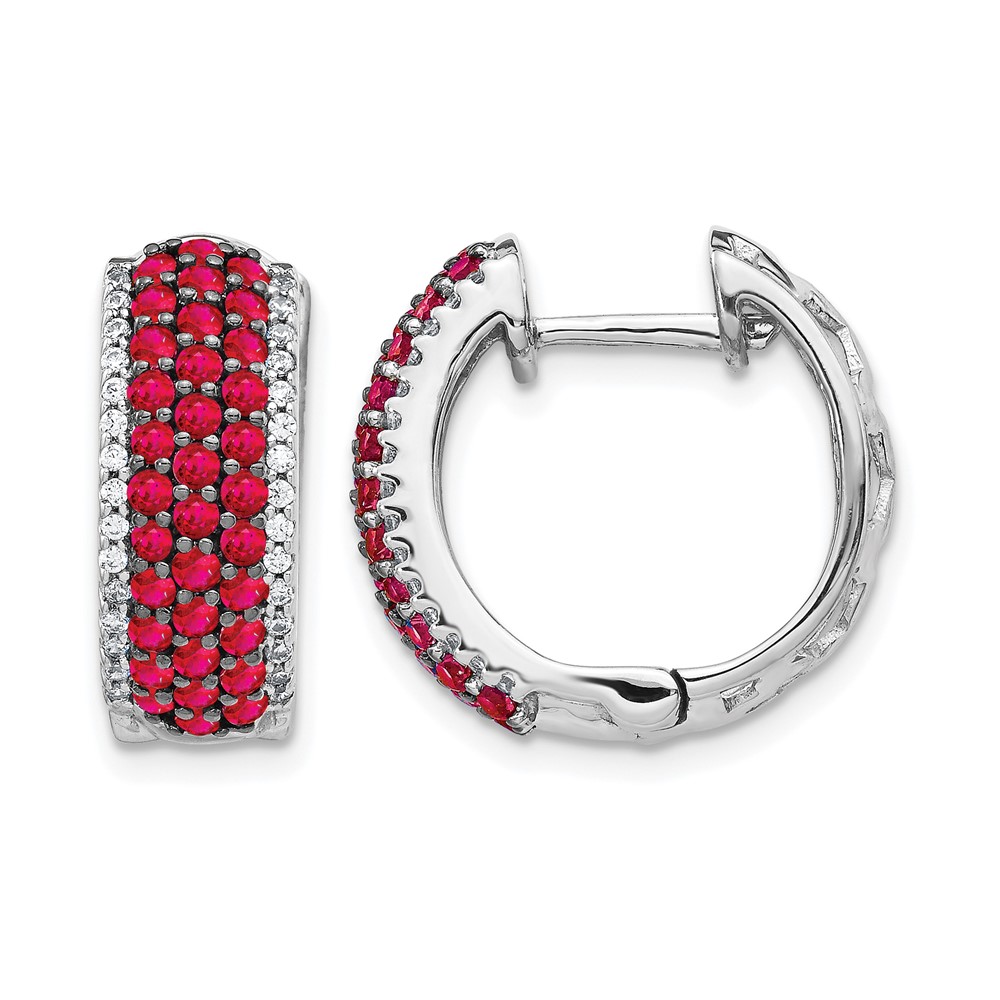 EM5602-RU-025-WA.jpg 14k White Gold Diamond and Ruby 18mm Hinged Hoop Earrings - Image 1