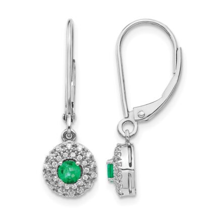 14k White Gold 1/5 carat Lab Grown Diamond VS/SI+ G+ and Created Emerald Complete Halo Leverback Earrings