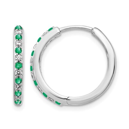 14k White Gold Diamond and Emerald 19mm Hinged Hoop Earrings
