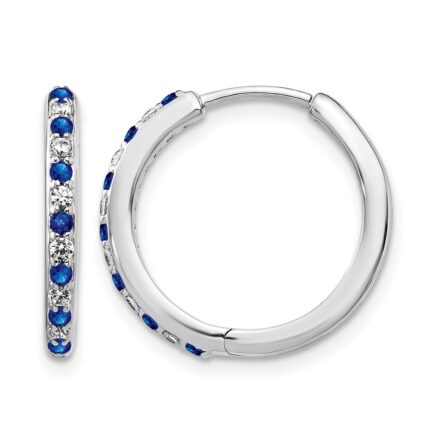 14k White Gold Diamond and Sapphire 19mm Hinged Hoop Earrings