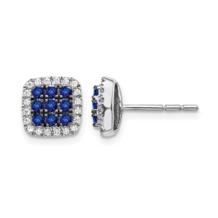 14k White Gold Sapphire Cluster and Diamond Halo Square Post Earrings