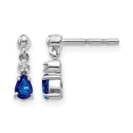 14k White Gold 4x3mm Pear Blue Sapphire and Diamond Dangle Post Earrings