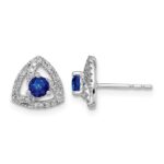 14k White Gold 3.5mm Round Blue Sapphire and Diamond Triangle Post Earrings
