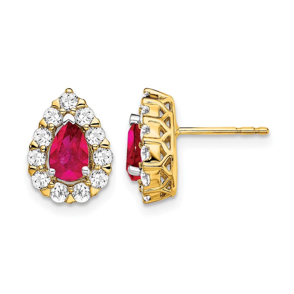EM6991-RU-077-YA.jpg 14k 6x4mm Pear Ruby and 3/4 carat Diamond Halo Post Earrings - Image 1