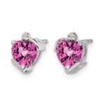 14k White Gold 6mm Heart Lab Created Pink Sapphire and Diamond Post Earrings - Image 2