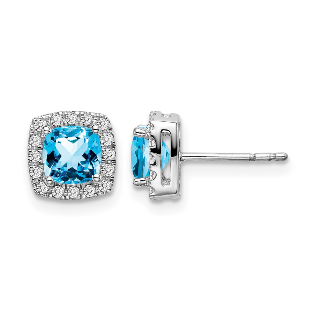 EM7084-BT-019-WA.jpg 14k White Gold Cushion Blue Topaz and Diamond Halo Earrings - Image 1